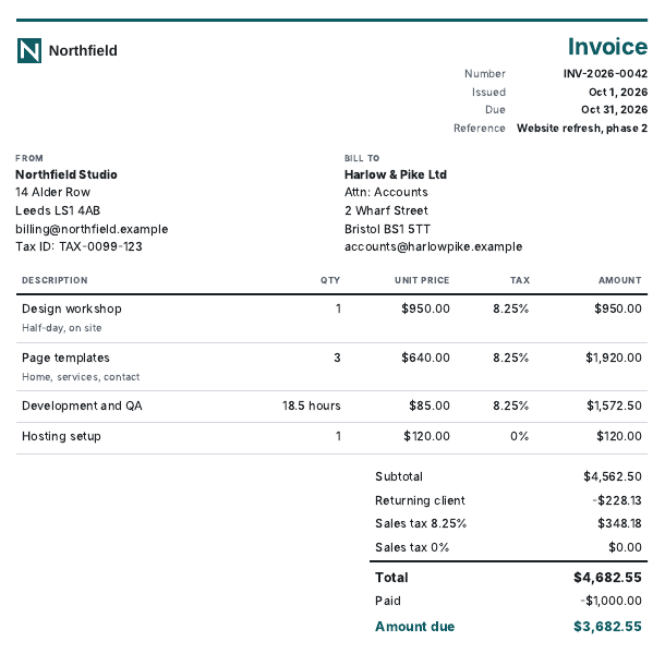 The top of a one-page invoice from Northfield Studio to Harlow and Pike Ltd: four lines, a discount, sales tax, a total and the amount due
