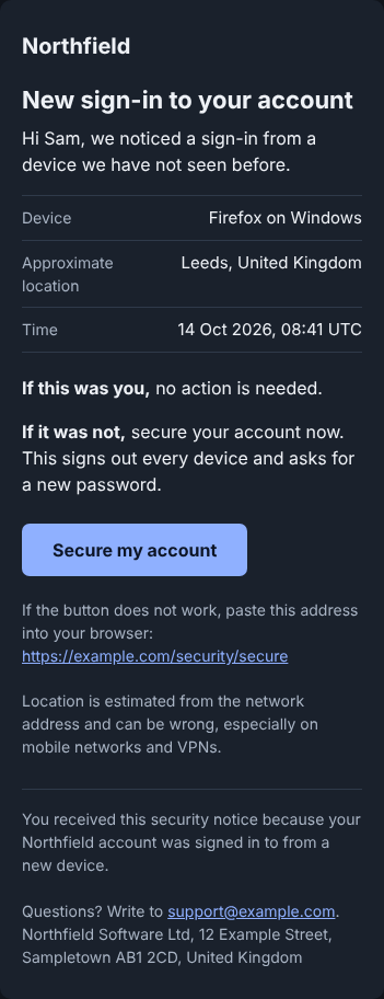 The new sign-in alert email on a phone in dark mode: device, location and time, then a Secure my account button