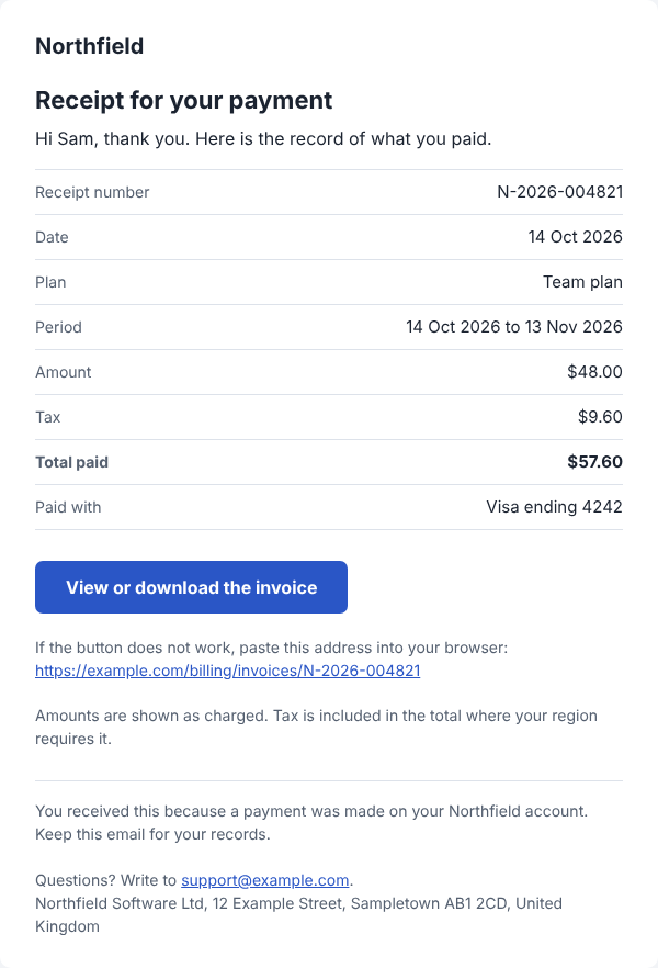 The receipt email: a heading, a table of receipt number, date, plan, period, amount, tax and total paid, a blue button to view the invoice, and a footer with the support address
