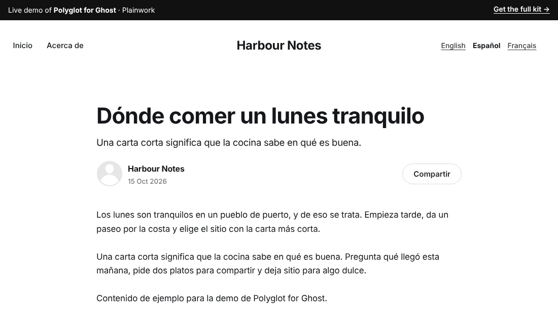 A Spanish article page of the demo site: Spanish menu, a language switcher showing English, Español (current) and Français, and the Spanish article text
