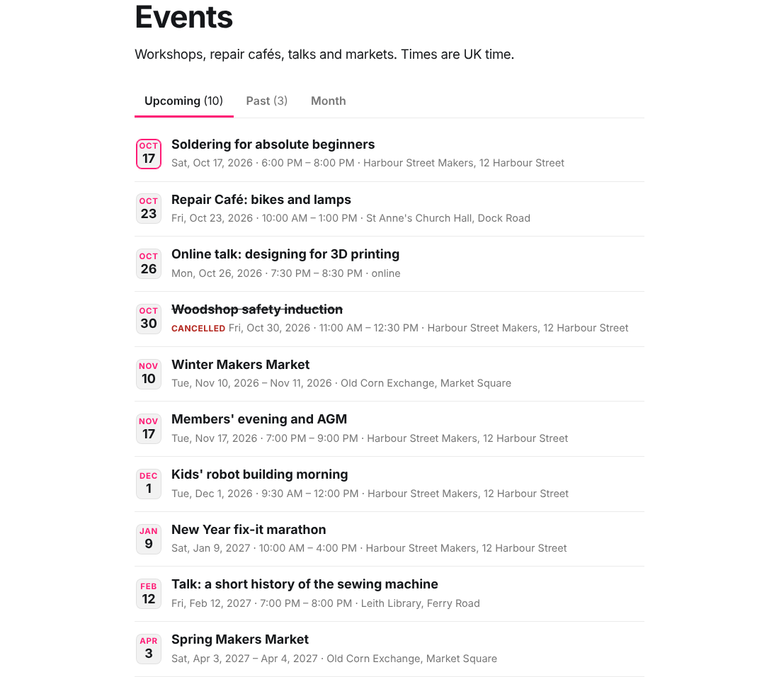 The events page: Upcoming tab selected with a count of 10, then a list of events, each with a month and day badge, title, date, time range and venue; one event is struck through and marked Cancelled
