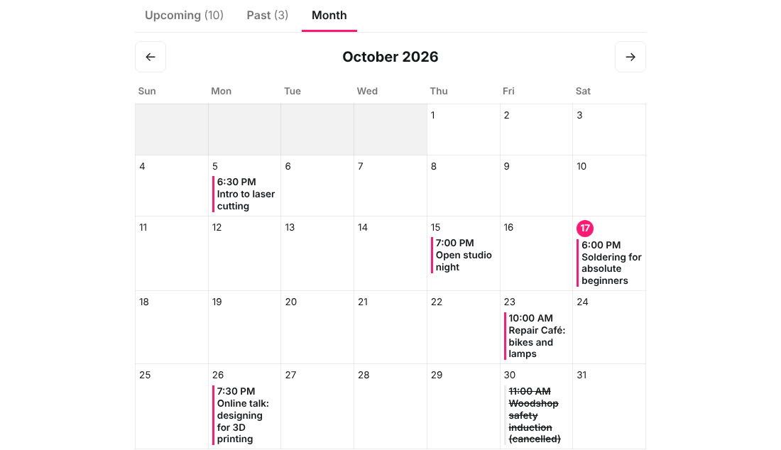 The Month tab: an October 2026 calendar grid with today circled and event titles with start times in their day cells