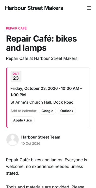 An event post on a phone: under the title, a box with an OCT 23 badge, Friday, October 23, 2026, 10:00 AM to 1:00 PM, the venue, and Add to calendar buttons for Google, Outlook and Apple .ics