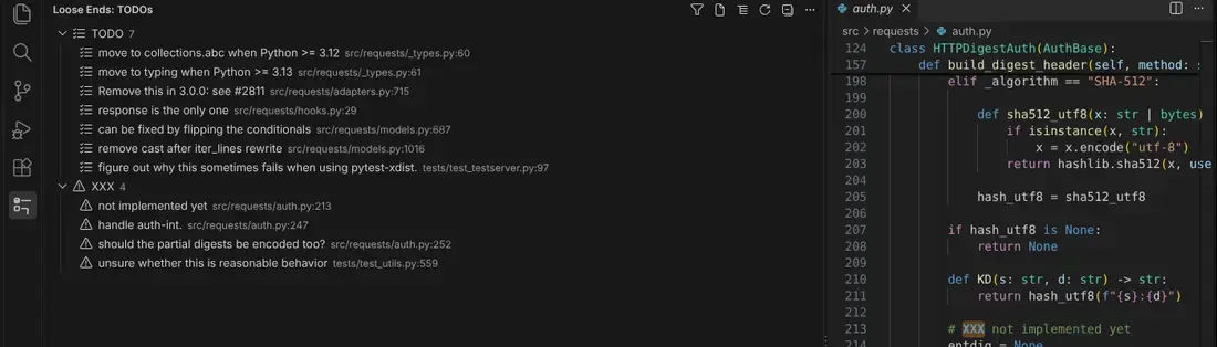 Loose Ends in VS Code on the psf/requests repository: the TODOs panel lists 7 TODO and 4 XXX comments with file and line, and the XXX tag is highlighted in the editor