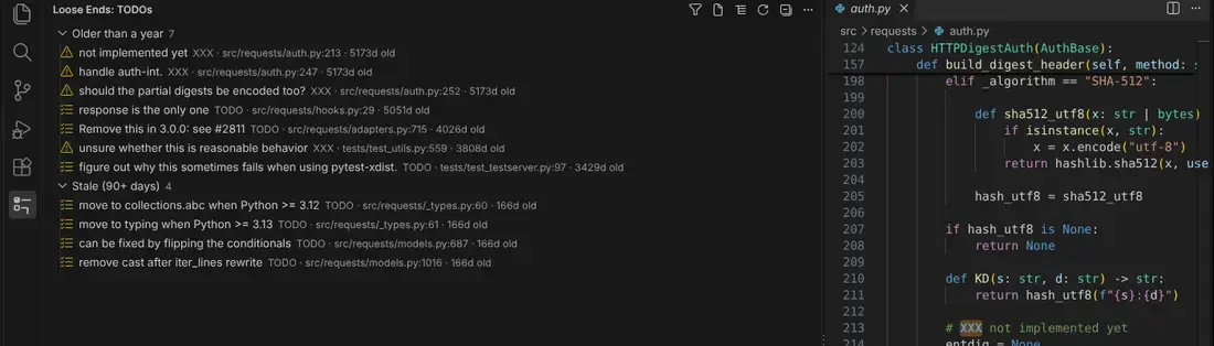 The same list with Pro, grouped by age: 7 items older than a year (up to 5173 days) and 4 stale items 166 days old, each with tag, file, line and age